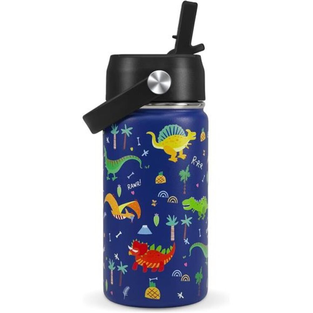 Kids Water Bottle Dinosaur 14oz Stainless Steel Straw